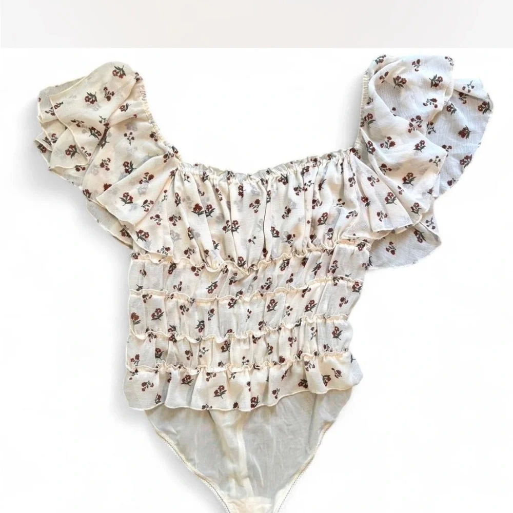 Free People Cream Floral Smocked Square-Neck Bodysuit - Picture 7 of 12